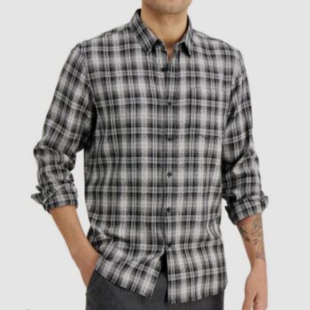 Sun + Stone Black and White Plaid Button-Down Shirt 100% Cotton